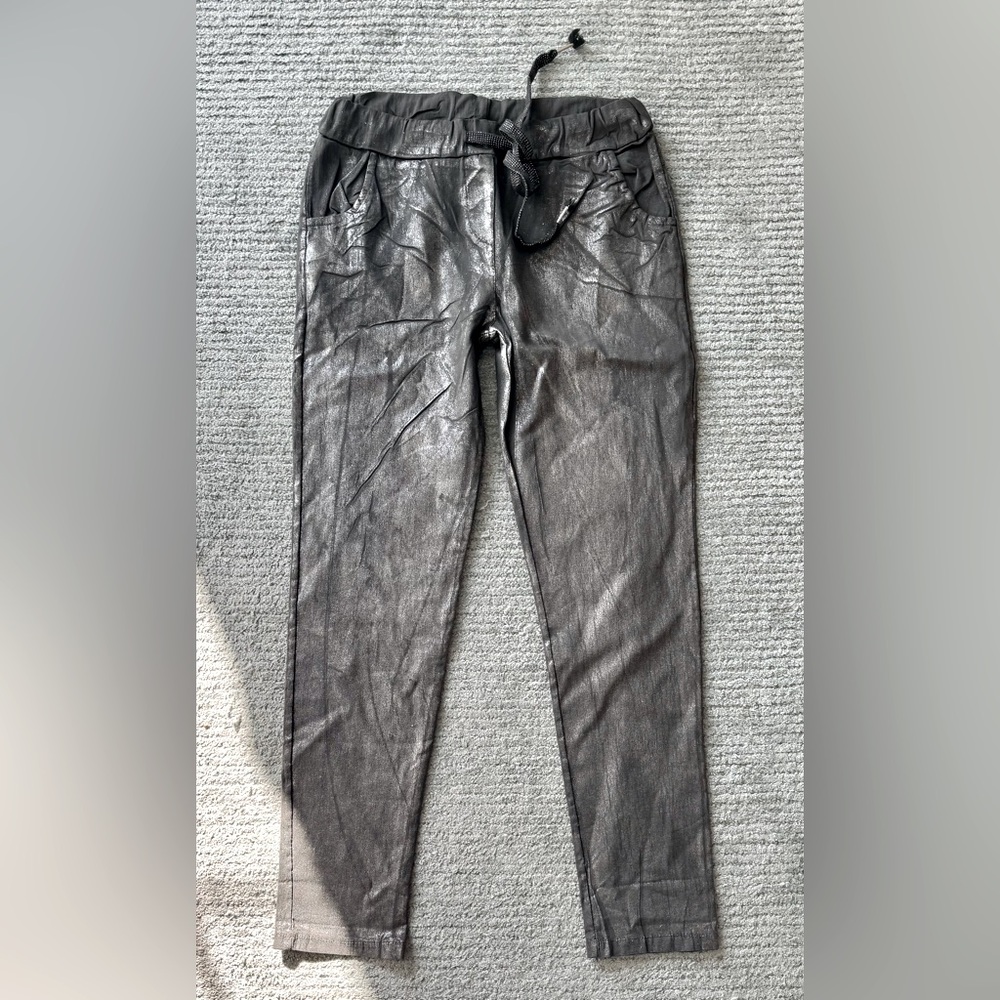 Italian crinkle metallic coated joggers.  One size up to 12. Gray/silver STRETCH